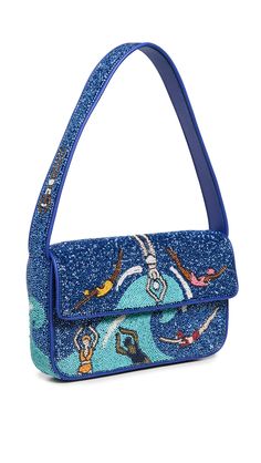 PRICES MAY VARY. Fabric: Beaded weave Swimmer pattern, Leather trim Length: 10.25in / 26cm, Height: 6.25in / 16cm, Handle drop: 7in / 18cm, Depth: 1.5in / 4cm Zip interior pocket Satin lining Tommy Bag Staud Tommy Bag, Statement Sandals, Trim Styles, Pretty Bags, Kids Luggage, Beaded Bags, Cute Bags, Bead Weaving, Beaded Embroidery