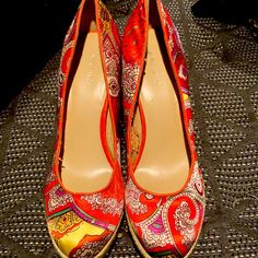 Colorful, Never Worn Multicolor Platform Slip-on Heels, Multicolor Round Toe Heels For Formal Occasions, Red Fabric Heels With Round Toe, Multicolor Formal Heels With Round Toe, Red Fabric Party Heels, Multicolor Heels With Red Sole For Spring, Red Fabric Open Toe Heels, Red Fabric Heels For Spring, Casual Red Fabric Heels