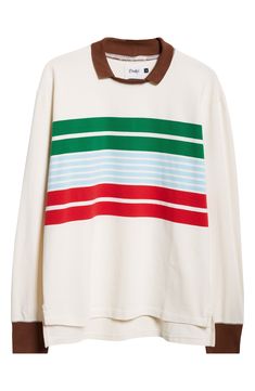 Bold stripes and a mock neck underscore the vintage sportswear inspiration behind this rugby T-shirt knit from dense cotton jersey and finished with a step hem. Spread collar Long sleeves with ribbed cuffs 100% cotton Machine wash, dry flat Made in Portugal Designer Clothing Fall Crew Neck Top With Signature Stripes, White Tops With Signature Stripes For Fall, Retro White Top With Ribbed Collar, White Retro Top With Ribbed Collar, Fall Cotton Tops With Signature Stripes, Cotton Tops With Signature Stripes For Fall, Sporty Striped Collar Tops For Fall, Sporty Tops With Striped Collar For Fall, Sporty Striped Tops With Ribbed Collar