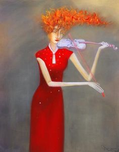 a painting of a woman with red hair holding a violin in her right hand and wearing a red dress