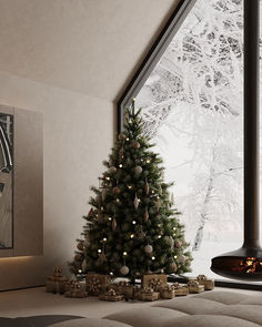 a living room with a christmas tree in the corner