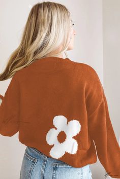 Elluis - Statement Piece with Big Flower Pattern Sweater Orange Floral Print Outerwear For Fall, Trendy Brown Spring Sweater, Brown Crew Neck Outerwear For Spring, Cozy White Sweater, Stand Collar Shirt, Black Evening Gown, Knitwear Sweater, Graphic Sweaters, Tag Print