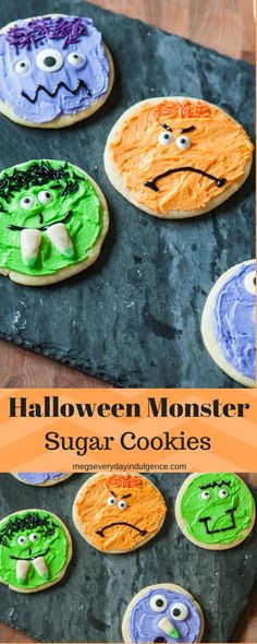 halloween monster sugar cookies on a tray