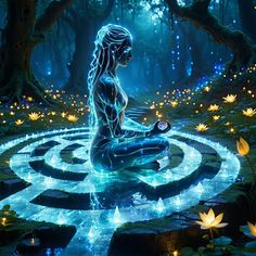 a woman sitting in the middle of a pond surrounded by water lilies and glowing lights