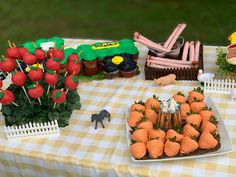 a table topped with lots of food on top of a checkered table cloth