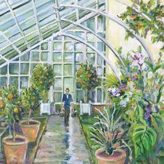 a painting of a man walking through a greenhouse filled with potted plants and flowers