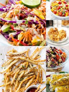 several pictures of different types of food including corn on the cob, salad and coleslaw