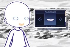 a cartoon character standing in front of a computer screen with teeth on it's face