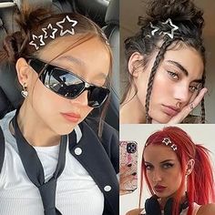 Star Pin Hairstyles, Hair Accessories Y2k, Hair With Star Clips, Hairstyles With Accessory, Hair Styles With Star Clips, Star Barrette Hairstyles, Star Clips Hairstyles Y2k, Silver Clips In Hair, Hairstyle With Star Clips