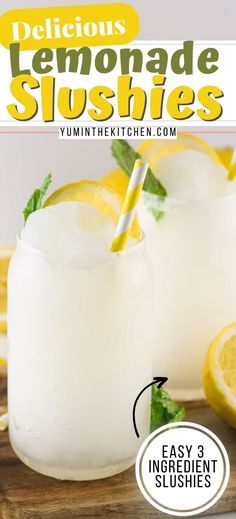 two glasses filled with lemonade slushies on top of a cutting board