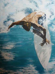 a painting of a man on a surfboard in the water with his arms outstretched