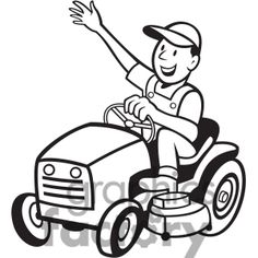 a black and white drawing of a man riding on a lawn mower with his hand in the air