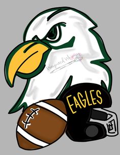 an eagle holding a football and helmet with the word eagles on it's chest