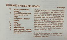 the ingredients for baked chilis are shown in an open book, with instructions on how to make them