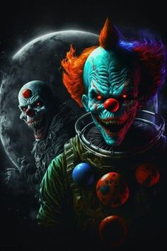 two creepy clowns are standing in front of a full moon and one is staring at the camera