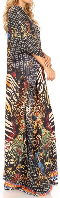 Sakkas Milanna Women's V neck Short Sleeve Vibrant Print Caftan Dress – Sakkas Store Online Blog, Caftan Dress, Dress Cover, Best Wear, Cover Up Dress, Latest Styles, Exclusive Collection, Formal Wear, Gorgeous Dresses