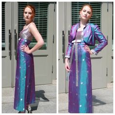 "Very pretty Asian princess gown.  Fitted bodice, empire waist. The ensemble is custom made and features lots of hand work and detail. It is of fine iridescent Shantung silk with marvelous range of flickering colors - from azure blue to bright electric purple. The dress and jacket feature two contrasting brocade designs, one blue with small floral emblems. The fitted bodice and bow, and the jacket ruffles are of a complex more heavily metallic brocade. The dress and jacket are lined with bright Fitted Brocade Gown For Formal Occasions, Formal Fitted Brocade Gown, Couture Silk Fitted Gown, Festive Fitted Brocade Gown, Fitted Brocade Gown For Festive Occasions, 1960s Couture, Brocade Designs, Asian Princess, Gold Brocade