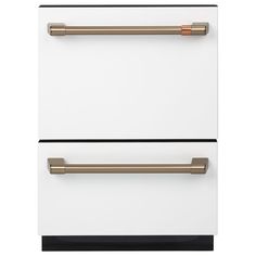 two white drawers with gold handles on each drawer and one in the same color,