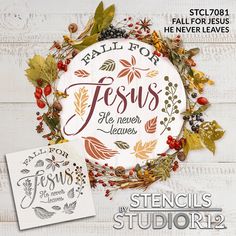 a cross stitch pattern with the words, jesus is never leaves and an autumn wreath