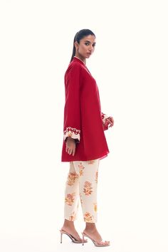 Scalloped Sleeves, Modern Suits, Delicate Embroidery, Website Features, How To Dye Fabric, Raw Silk, Silk Shirt, Cherry Red, Online Branding