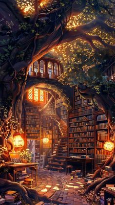 a painting of a library with lots of books on the shelves and trees growing out of it