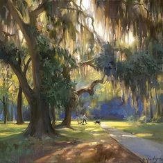 an oil painting of a person walking their dog in the park with trees and spanish moss