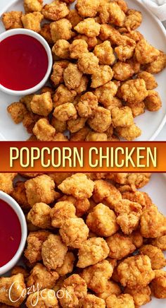 this is an image of popcorn chicken on a plate with ketchup and dipping sauce