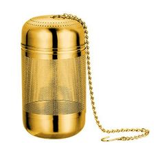 a golden metal container with chain on the side