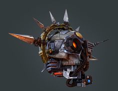 a strange looking robot head with spikes on it's head and horns sticking out