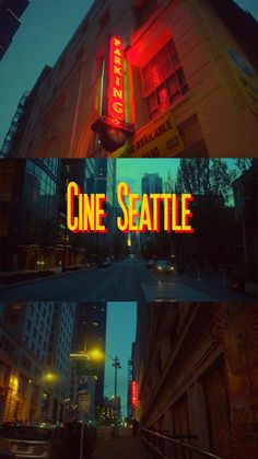 the neon sign for one seattle is lit up in red, yellow, and blue