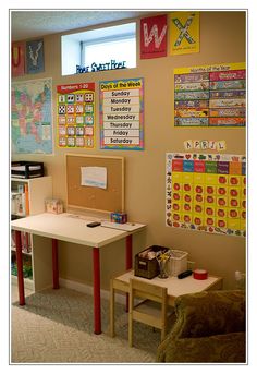 a classroom with desks and posters on the wall