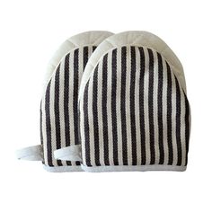 two black and white striped oven mitts