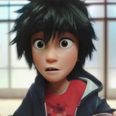 an animated image of a boy with black hair and big eyes looking at the camera