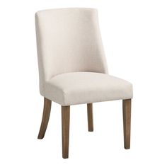 a white upholstered chair with wooden legs