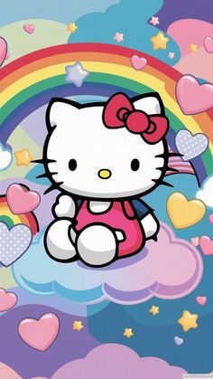 hello kitty sitting on top of a rainbow with hearts and stars in the sky behind her