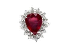 7.90 Carats Impressive Natural Red Ruby and Diamond 14K White Gold Ring Suggested Replacement Value $6,200.00 Total Natural Red Ruby Weight is: Approx. 7.00 Carats (lead glass filled) Ruby Measures: Approx. 14.20 x 10.70mm Natural Round Diamonds Weight: Approx. 0.90 Carats (color G-H / Clarity SI1-Si2) Ring size: 7 (free re-sizing available) Ring total weight: Approx. 5.8 grams Disclaimer: all weights, measurements and colors are approximate and may vary slightly from the listed dimensions or as Luxury Red Cluster Diamond Ring, Luxury Pear-shaped Ruby Ring, Formal Cluster Ruby Ring, Classic Red Cluster Diamond Ring, Luxury Red Pear-shaped Ring, Luxury Pear-shaped Ruby Ring For Formal Occasions, Classic Red Ruby Cluster Ring, Classic Red Cluster Ruby Ring, Red Diamond Cluster Ring With Vvs Clarity