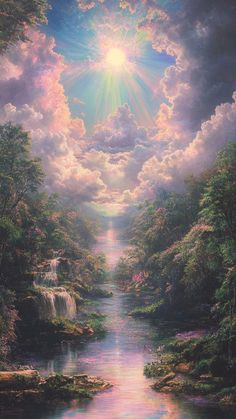 a painting of the sun shining through clouds over a river with waterfalls and trees