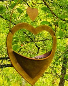 a heart shaped metal object hanging from a tree