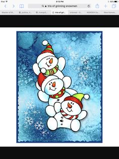 three snowmen with hats and scarfs on