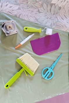 various household cleaning supplies are laid out on a sheet with flowers in the background, including scissors and combs