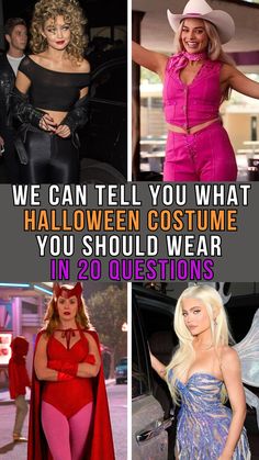 four different women in costumes with caption that reads, we can tell you what halloween costume you should wear in 20 questions