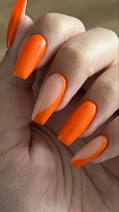 Cute Orange Nails Design, Orange Nails Ideas Acrylic, Neon Orange Design Nails, French Colored Tips Nails Square, Simple Orange Acrylic Nails, Orang Nails Ideas, Birthday Mani Pedi Ideas, Orange Inspo Nails, Simple Nail Designs Long Nails