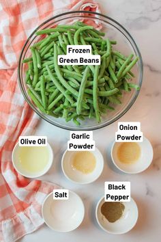 green beans and other ingredients are shown in bowls