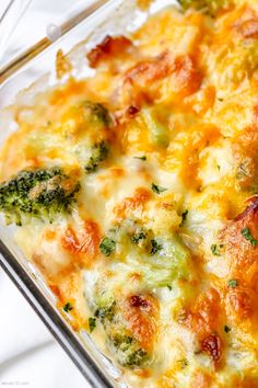 a casserole dish with broccoli and cheese