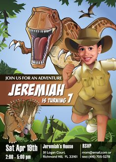 an advertisement for petton is turning 3, featuring a young boy in safari clothes and dinosaur