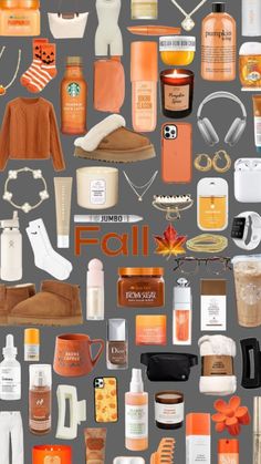 an assortment of fall items arranged on a gray background