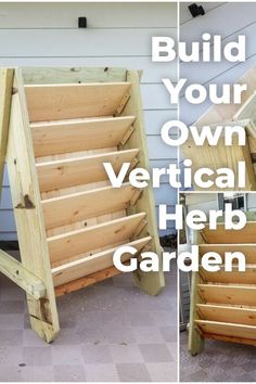 the vertical herb garden is made out of pallet wood and has three shelves on each side