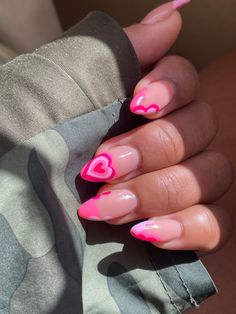 Cute Pink Heart Nails, Valentine Almond Acrylic Nails, Valentines Day Nails Almond Shape Pink, Girly Valentines Nails, Pretty Nails For Birthday, Almond Valentines Nails Pink, Short Almond Birthday Nails, Valentine Pink Nails, 14th Birthday Nail Ideas