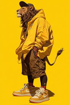 a painting of a lion wearing a yellow jacket and hat with his hands in his pockets