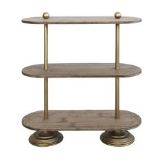 three tiered wooden shelf with gold metal handles and round shelves on each side, against a white background